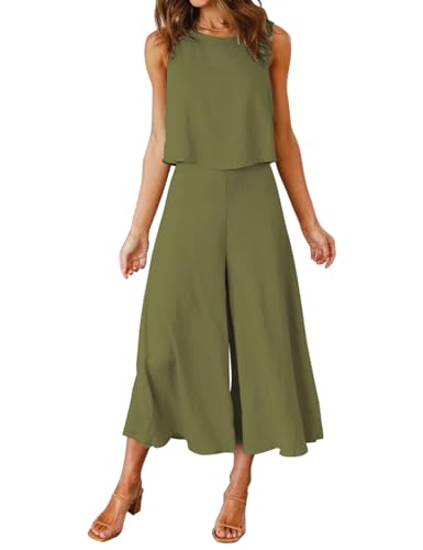 FANCYINN Damen Sommer 2-teiliges Outfit Jumpsuit Elegant Ärmelloses Rundhals Tanktop gekürzte Weite Beinhose Olivgrün L FANCYINN Damen Sommer 2-teiliges Outfit Jumpsuit Elegant Ärmelloses Rundhals Tanktop gekürzte Weite Beinhose Olivgrün L von FANCYINN