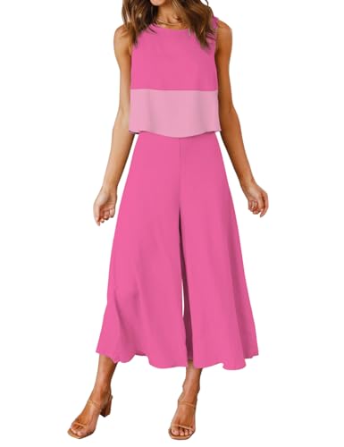 FANCYINN Damen Sommer 2-teiliges Outfit Jumpsuit Elegant Ärmelloses Rundhals Tanktop gekürzte Weite Beinhose Pflaumenrotes Crash Pink Top & Pflaumenrote Hose L von FANCYINN