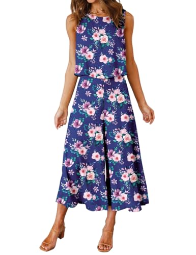 FANCYINN Damen Lang Jumpsuit Sommer 2-Teiliges Overall Elegant Hosenanzug Ärmellos Rundhals Tanktop Gekürzte Bein Romper Saphirblau mit rosa Blumen XL von FANCYINN