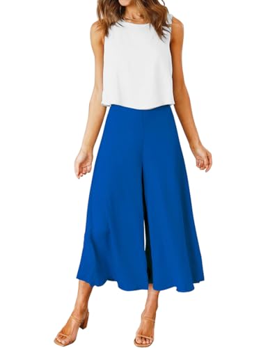FANCYINN Damen Sommer 2-teiliges Outfit Jumpsuit Elegant Ärmelloses Rundhals Tanktop gekürzte Weite Beinhose Weißes Oberteil & Saphirblau Hose XXL von FANCYINN