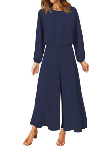 FANCYINN Damen Sommer 2-teiliges Outfit Jumpsuit Elegant Langarm Rundhals Tanktop gekürzte Weite Beinhose Dunkelblau M von FANCYINN