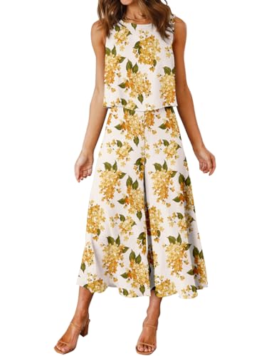 FANCYINN Damen Lang Jumpsuit Sommer 2-Teiliges Overall Elegant Hosenanzug Ärmellos Rundhals Tanktop Gekürzte Bein Romper Weiß mit großen gelben Blüten XXL von FANCYINN