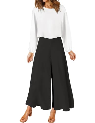 FANCYINN Damen Sommer 2-teiliges Outfit Jumpsuit Festlich Hochzeit Lang Hosenanzug Langarm Rundhals Tanktop Gekürzte Weites Bein Hose Playsuit Weißes Oberteil & Schwarze Hose S von FANCYINN