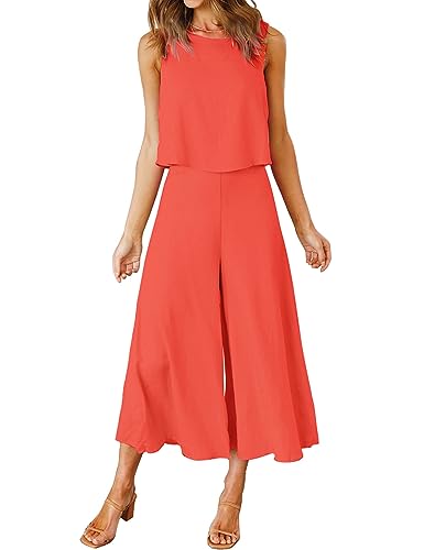 FANCYINN Damen Sommer 2-teiliges Outfit ärmellos Rundhals Tanktop gekürzte weite Beinhose Orange Rot M von FANCYINN