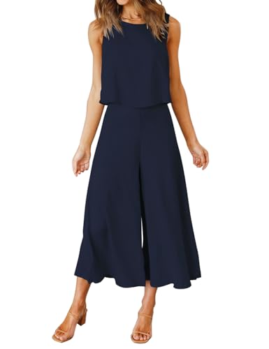 FANCYINN Damen Sommer 2-teiliges Outfit ärmellos Rundhals Tanktop gekürzte Weite Beinhose Blau S von FANCYINN