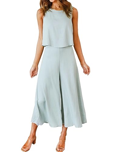 FANCYINN Damen Sommer 2-teiliges Outfit ärmellos Rundhals Tanktop gekürzte Weite Beinhose Helles Cyan XL von FANCYINN
