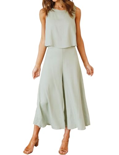 FANCYINN Damen Sommer 2-teiliges Outfit ärmellos Rundhals Tanktop gekürzte Weite Beinhose Hellgrün S von FANCYINN