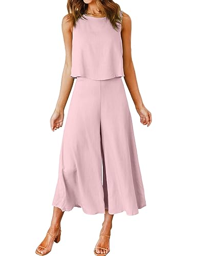 FANCYINN Damen Sommer 2-teiliges Outfit ärmellos Rundhals Tanktop gekürzte Weite Beinhose Pink Lila S von FANCYINN