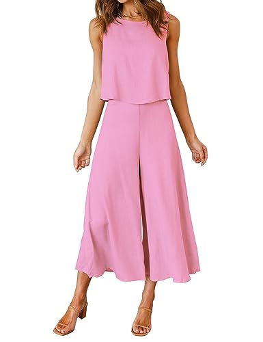 FANCYINN Damen Lang Jumpsuit Sommer 2-Teiliges Overall Elegant Hosenanzug Ärmellos Rundhals Tanktop Gekürzte Bein Romper Kirschblüten Rosa XS von FANCYINN