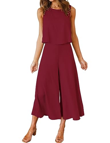 FANCYINN Damen Sommer 2-teiliges Outfit ärmellos Rundhals Tanktop gekürzte Weite Beinhose Weinrot XL von FANCYINN