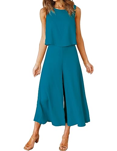 FANCYINN Damen Sommer 2-teiliges Outfit ärmellos Rundhals Tanktop gekürzte Weite Beinhose Blau Grün S von FANCYINN