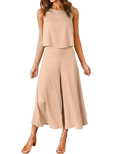 FANCYINN Damen Sommer 2-teiliges Outfit ärmellos Rundhals Tanktop gekürzte Weite Beinhose Helles Khaki M von FANCYINN