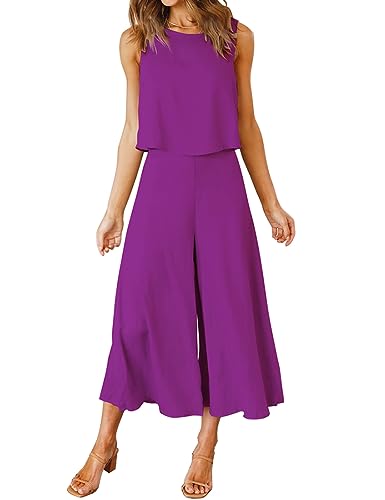 FANCYINN Damen Sommer 2-teiliges Outfit ärmellos Rundhals Tanktop gekürzte Weite Beinhose Lila Rot XS von FANCYINN