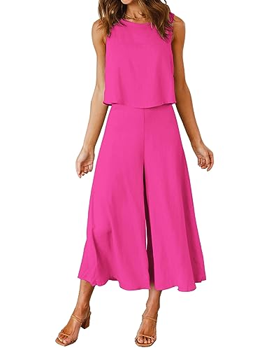 FANCYINN Damen Sommer 2-teiliges Outfit ärmellos Rundhals Tanktop gekürzte weite Beinhose Rose Rot L von FANCYINN