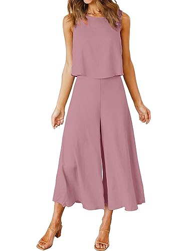 FANCYINN Damen Sommer 2-teiliges Outfit ärmellos Rundhals Tanktop gekürzte Weite Beinhose Tiefes Kirschrosa M von FANCYINN