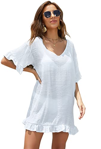 FANCYINN Damen Sommer Casual T-Shirt Strandkleid V-Ausschnitt Casual Lose Sommer Mini Kleid Badeanzug Bikini Cover Up Weiß L von FANCYINN