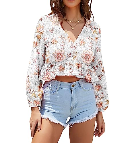 FANCYINN Damen Sommer Crop Tops V Ausschnitt Sexy Shirt Casual Damen Tägliche Tragen Sommertop Floral Brauner Punkt und Blumendruck L von FANCYINN