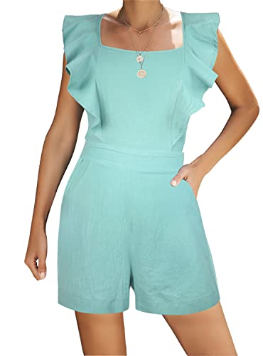 FANCYINN Damen Sommer Kurz Jumpsuit Sexy Rückenfrei Quadratischer Kragen Overall Shorts Playsuit Romper Cyanfarbener Strampler XL von FANCYINN