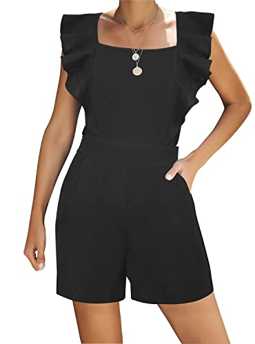 FANCYINN Damen Sommer Kurz Jumpsuit Sexy Rückenfrei Quadratischer Kragen Overall Shorts Playsuit Romper Schwarz S von FANCYINN