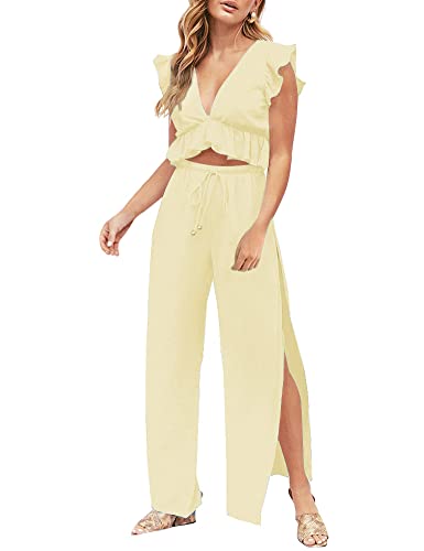 FANCYINN Damen Sommer Zwei-Teiliges Outfit mit Tiefem V-Ausschnitt Ärmelloses Crop Top und Seitenschlitz Hose mit Tunnelzug Jumpsuit von FANCYINN