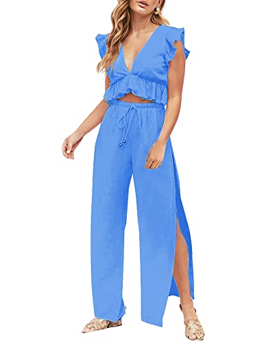 FANCYINN Damen Sommer Zwei-Teiliges Outfit mit Tiefem V-Ausschnitt Ärmelloses Crop Top und Seitenschlitz Hose mit Tunnelzug Jumpsuit FANCYINN Damen Sommer Zwei-Teiliges Outfit mit Tiefem V-Ausschnitt Ärmelloses Crop Top und Seitenschlitz Hose mit Tunnelzug Jumpsuit von FANCYINN