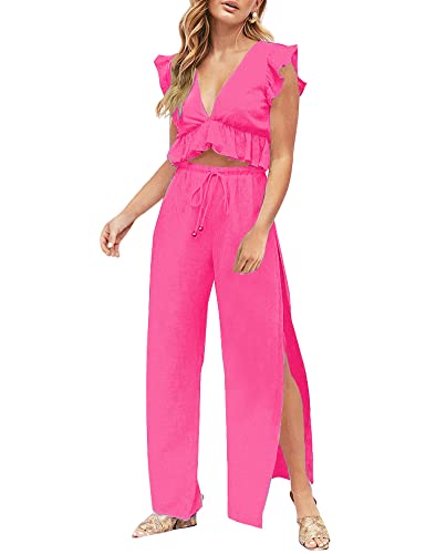 FANCYINN Damen Sommer Zwei-Teiliges Outfit mit Tiefem V-Ausschnitt Ärmelloses Crop Top und Seitenschlitz Hose mit Tunnelzug Jumpsuit FANCYINN Damen Sommer Zwei-Teiliges Outfit mit Tiefem V-Ausschnitt Ärmelloses Crop Top und Seitenschlitz Hose mit Tunnelzug Jumpsuit von FANCYINN