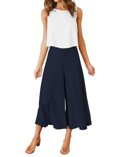 FANCYINN Damen Sommer Zweiteiliges Outfit Jumpsuit Elegant Ärmelloses Rundhals Tanktop gekürzte Weite Beinhose Weißes Oberteil & Dunkelblaue Hose XXL von FANCYINN