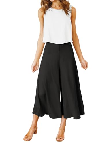 FANCYINN Damen Sommer Zweiteiliges Outfit Jumpsuit Elegant Ärmelloses Rundhals Tanktop gekürzte Weite Beinhose Weißes Oberteil & Schwarze Hose XXL von FANCYINN