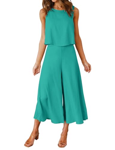 FANCYINN Damen Sommer Zweiteiliges Outfit Jumpsuit Festlich Hochzeit Lang Hosenanzug Ärmelloses Rundhals Tanktop Gekürzte Weites Bein Hose Playsuit Grünliches Blau L von FANCYINN