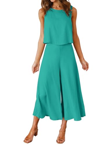 FANCYINN Damen Sommer Zweiteiliges Outfit Jumpsuit Festlich Hochzeit Lang Hosenanzug Ärmelloses Rundhals Tanktop Gekürzte Weites Bein Hose Playsuit Grünliches Blau S FANCYINN Damen Sommer Zweiteiliges Outfit Jumpsuit Festlich Hochzeit Lang Hosenanzug Ärmelloses Rundhals Tanktop Gekürzte Weites Bein Hose Playsuit Grünliches Blau S von FANCYINN