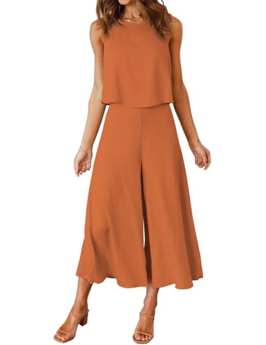 FANCYINN Damen Sommer Zweiteiliges Outfit Jumpsuit Festlich Hochzeit Lang Hosenanzug Ärmelloses Rundhals Tanktop Gekürzte Weites Bein Hose Playsuit Mandarine XS von FANCYINN