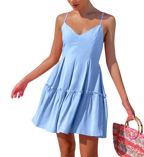 FANCYINN Damen Sommerkleid Ärmelloses Minikleid V-Ausschnitt Verstellbaren Spaghettiträger Sommerkleider Rüschen Trägerkleid Blau S von FANCYINN