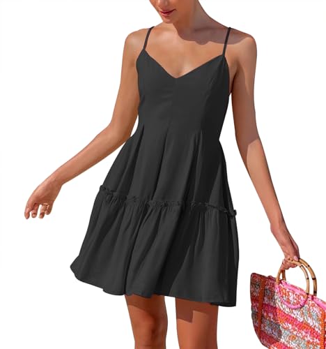 FANCYINN Damen Sommerkleid Ärmelloses Minikleid V-Ausschnitt Verstellbaren Spaghettiträger Sommerkleider Rüschen Trägerkleid Schwarz M von FANCYINN