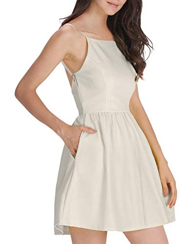 FANCYINN Damen Sommerkleid Armellos Spaghetti-Armband Kleider Elegant Rückenfreies Kurze Kleid Minikleid Beige M(38-40) von FANCYINN