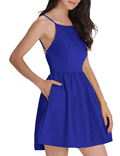 FANCYINN Damen Sommerkleid Armellos Spaghetti-Armband Kleider Elegant Rückenfreies Kurze Kleid Minikleid Blau XS von FANCYINN