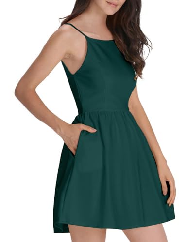FANCYINN Damen Sommerkleid Armellos Spaghetti-Armband Kleider Elegant Rückenfreies Kurze Kleid Minikleid Dunkelgrün M von FANCYINN