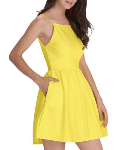 FANCYINN Damen Sommerkleid Armellos Spaghetti-Armband Kleider Elegant Rückenfreies Kurze Kleid Minikleid Gelb S von FANCYINN