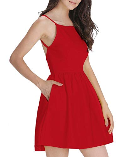 FANCYINN Damen Sommerkleid Armellos Spaghetti-Armband Kleider Elegant Rückenfreies Kurze Kleid Minikleid Rot L(42-44) von FANCYINN