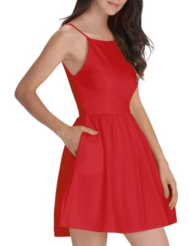 FANCYINN Damen Sommerkleid Armellos Spaghetti-Armband Kleider Elegant Rückenfreies Kurze Kleid Minikleid Rot-M(38-40) von FANCYINN