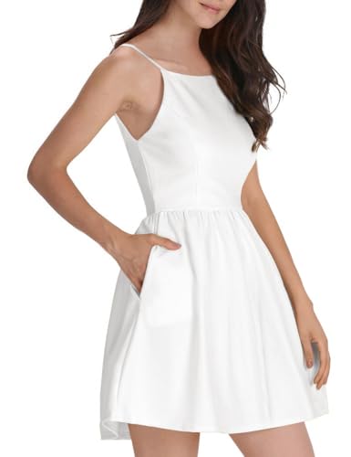FANCYINN Damen Sommerkleid Armellos Spaghetti-Armband Kleider Elegant Rückenfreies Kurze Kleid Minikleid Weiß XL von FANCYINN