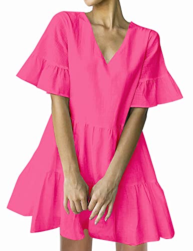 FANCYINN Damen Sommerkleider Shift lockeres Kleid V-Ausschnitt Rüschenärmel A Linie Mini Volant Kleid Pfirsichblüte L von FANCYINN