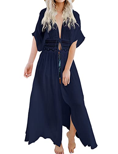 FANCYINN Damen Strandkleid Cover-Ups Vertuschen Strandurlaub Badeanzug Spitze Vorne Binden Pareos Strandkleider Blau M von FANCYINN