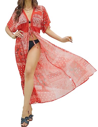 FANCYINN Damen Strandkleider Bikini Cover Up Strandponcho Sommer Lace Bademode Gestrickte Strand Vertuschen Roter Aufdruck L von FANCYINN