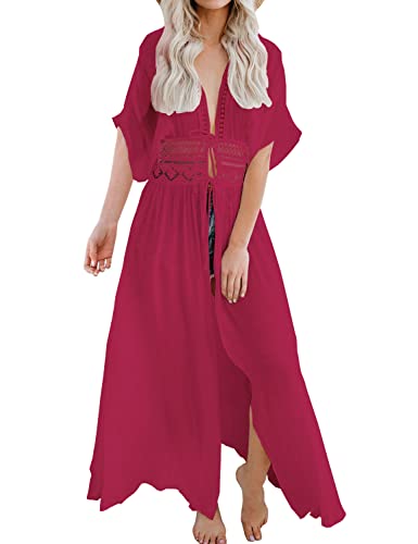 FANCYINN Damen Strandkleid Cover-Ups Vertuschen Strandurlaub Badeanzug Spitze Vorne Binden Pareos Strandkleider Rotwein XL von FANCYINN