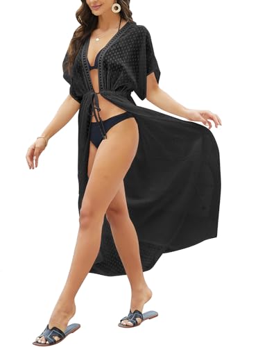 FANCYINN Damen Strandkleider Bikini Cover Up Strandponcho Sommer Lace Bademode Gestrickte Strand Vertuschen Schwarz L von FANCYINN