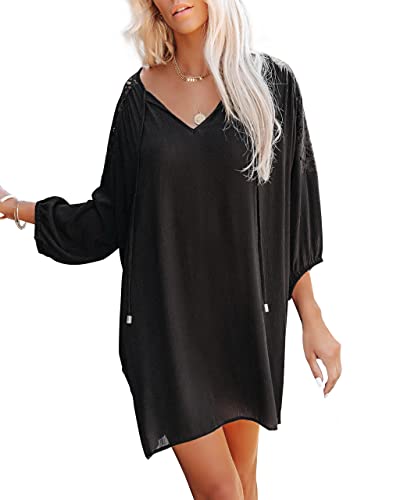 FANCYINN Damen Strandkleider Strand Vertuschen Shirt Bikini Tieneck Strandponcho Sommer Bademode Vertuschen Spitze Schulter Schwarz M von FANCYINN