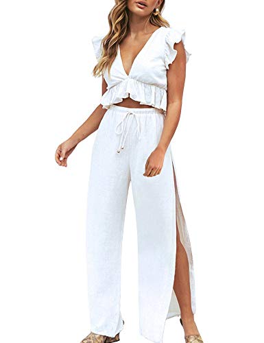 FANCYINN Jumpsuit Damen Zweiteiler 2 Teiler Crop Top Sexy V-Ausschnitt Hose mit Seitenschlitz Kordelzug Sommer Strand Urlaub Lässig Outfits Weiß M von FANCYINN