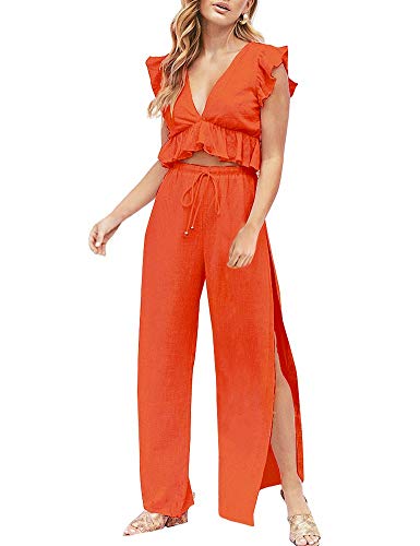 FANCYINN Jumpsuit Damen Zweiteiler 2 Teiler Crop Top Sexy V-Ausschnitt Hose mit Seitenschlitz Kordelzug Sommer Strand Urlaub Lässig Outfits Orange S von FANCYINN