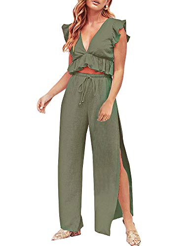 FANCYINN Jumpsuit Damen Zweiteiler 2 Teiler Crop Top Sexy V-Ausschnitt Hose mit Seitenschlitz Kordelzug Sommer Strand Urlaub Lässig Outfits Olivgrün M von FANCYINN