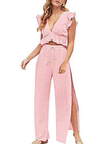 FANCYINN Jumpsuit Damen Zweiteiler 2 Teiler Crop Top Sexy V-Ausschnitt Hose mit Seitenschlitz Kordelzug Sommer Strand Urlaub Lässig Outfits Rosa L von FANCYINN